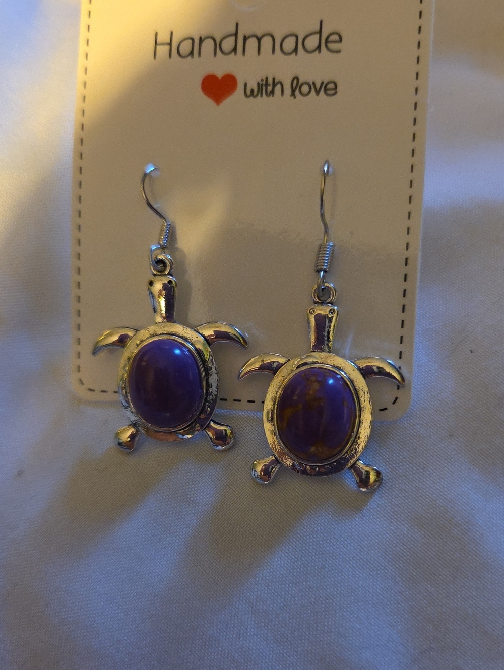 Handmade Silver Turtle Earrings with Purple Stone